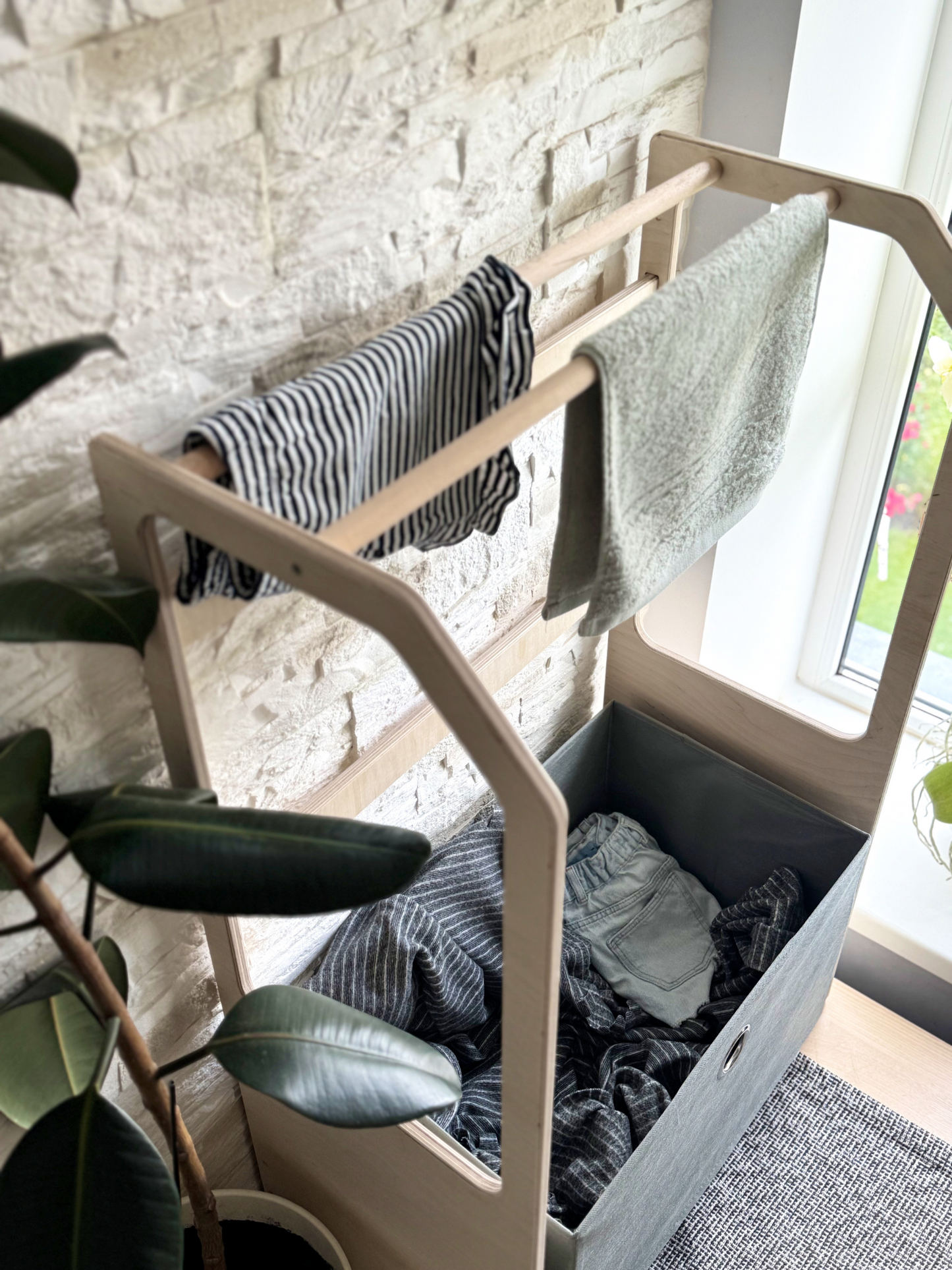 Montessori Clothes Drying Rack for Kids – Wooden Laundry Rack with Storage