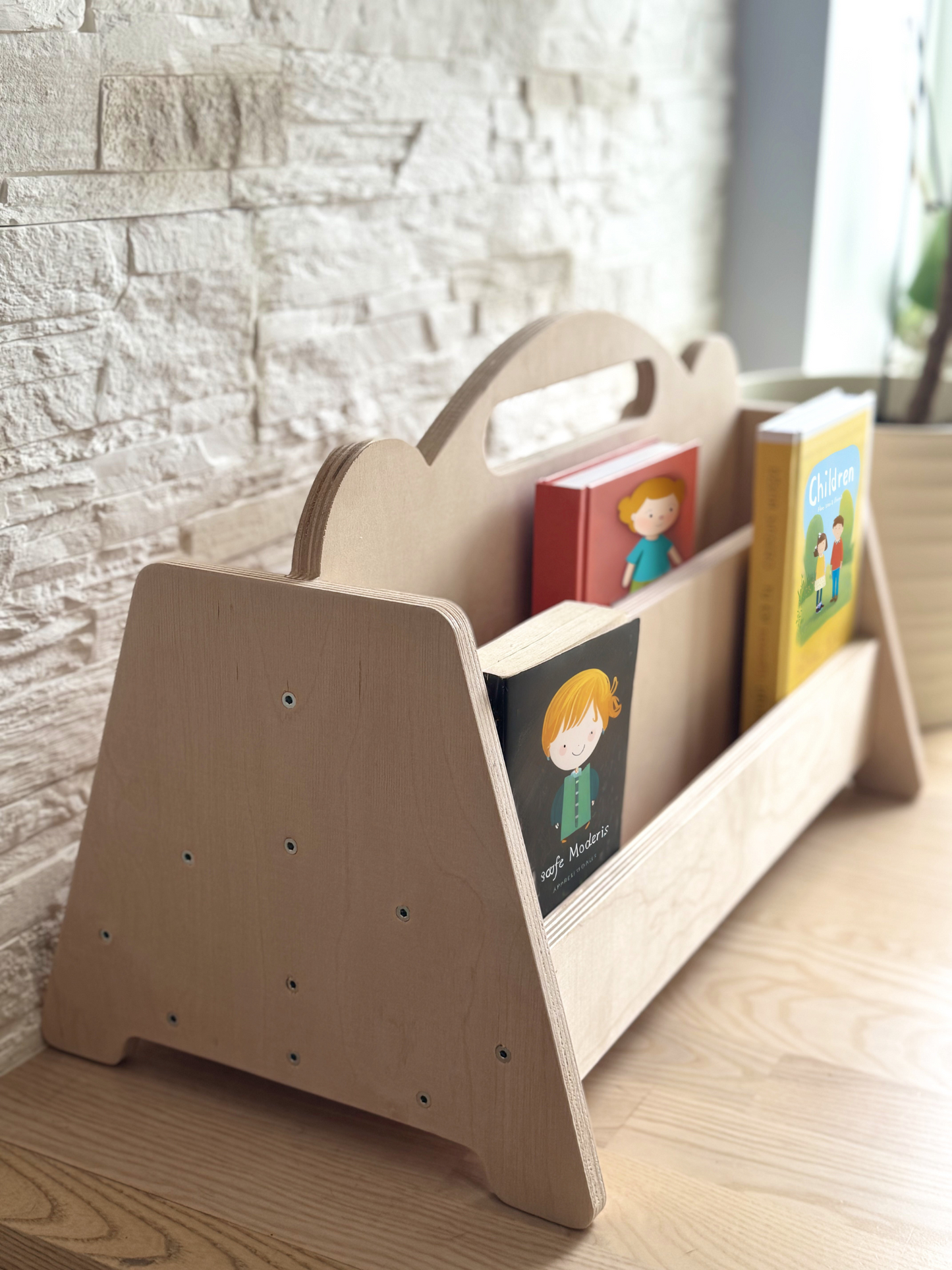Montessori-Bücherregal aus Holz – Doppelseitiges Kinderbuch-Ausstellungsregal