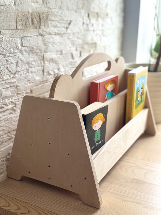Montessori Wooden Bookshelf – Double Sided Kids Book Display Rack
