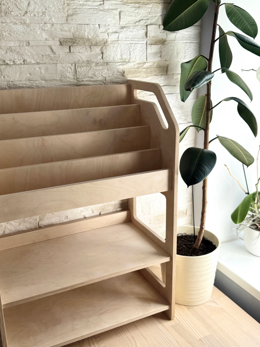 Montessori Wooden Bookshelf with Storage Shelf – Kids Book Display Rack
