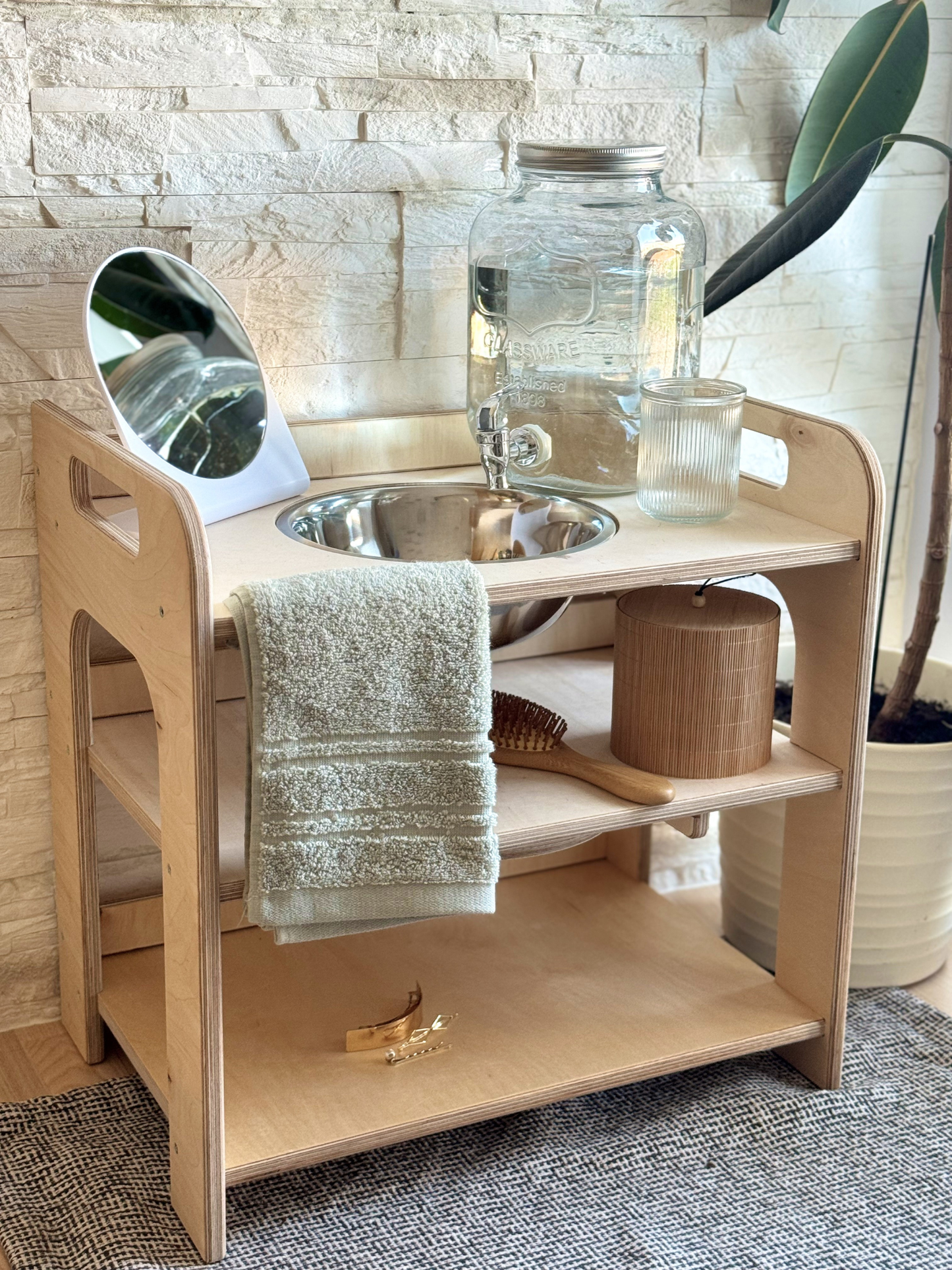 Montessori Wash Station with Lid – Wooden Toddler Self-Care Unit