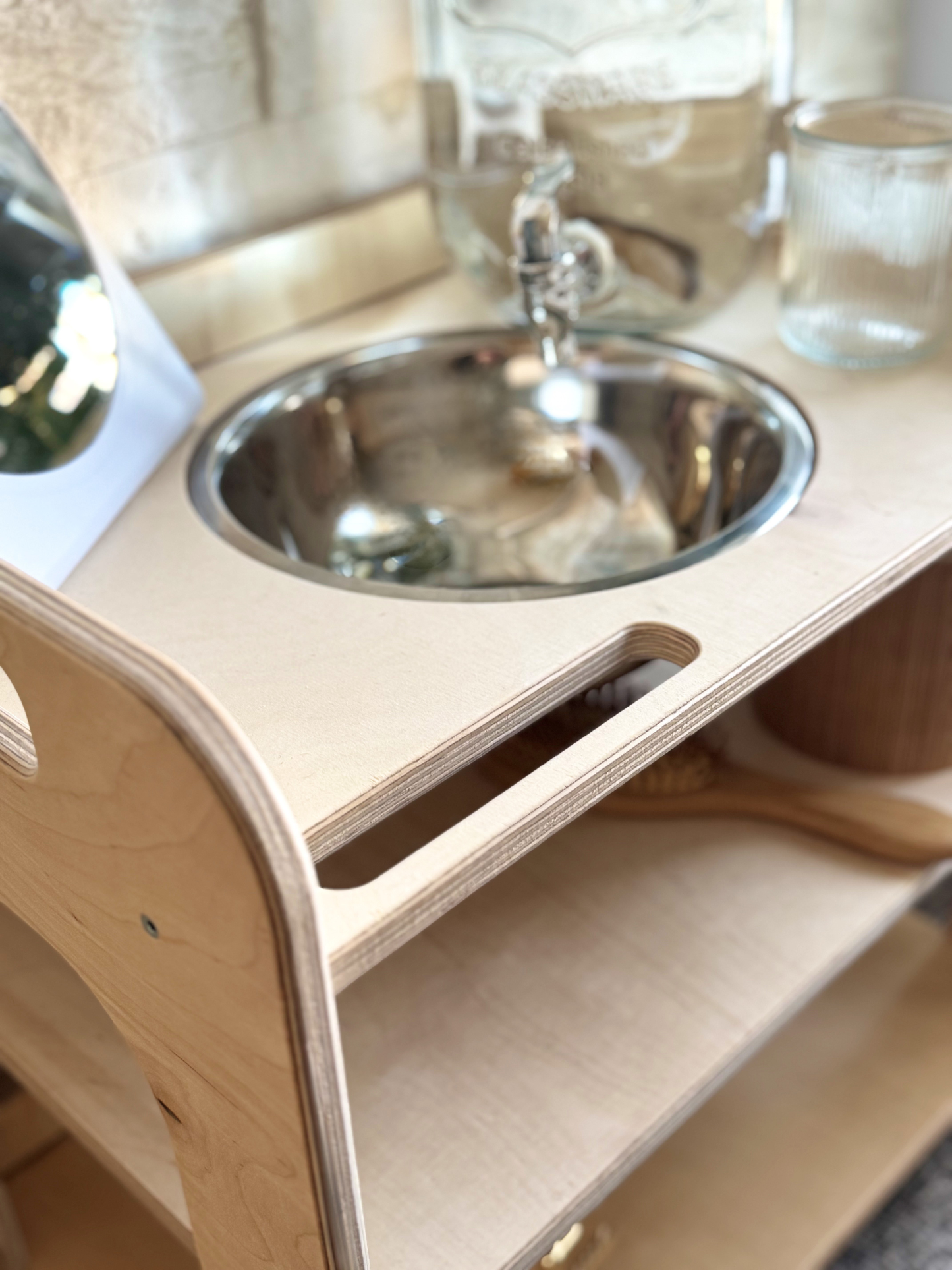 Montessori Wash Station with Lid – Wooden Toddler Self-Care Unit