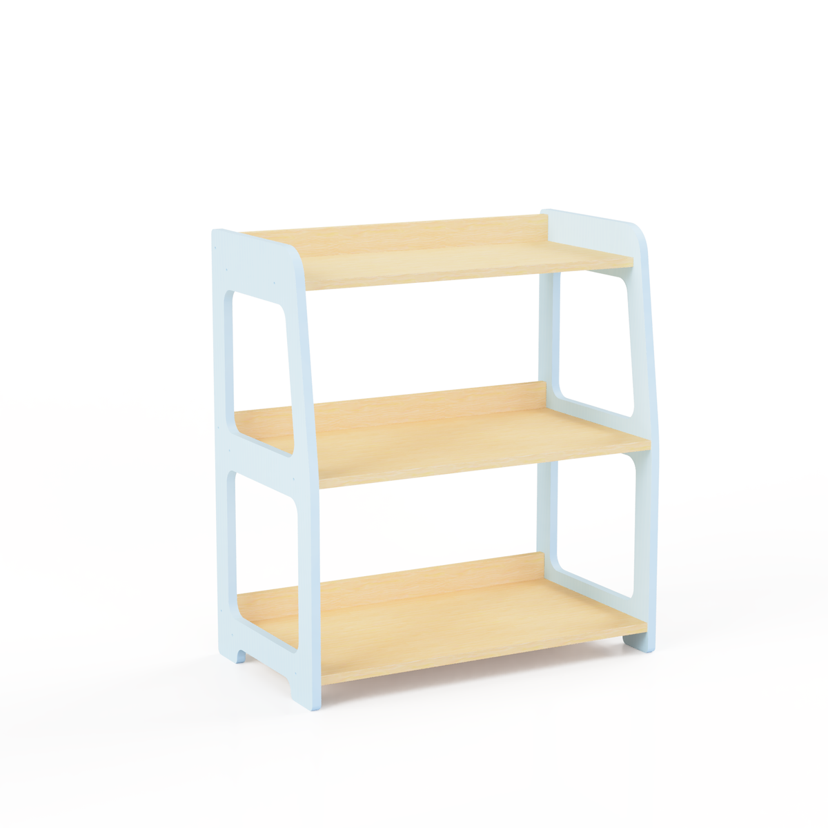 Montessori three-tier birch plywood toy shelf with natural wood shelves and pastel blue side panels, shown on a white background.
