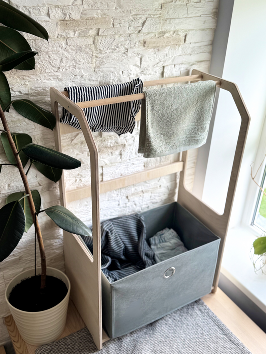 Montessori Clothes Drying Rack for Kids – Wooden Laundry Rack with Storage
