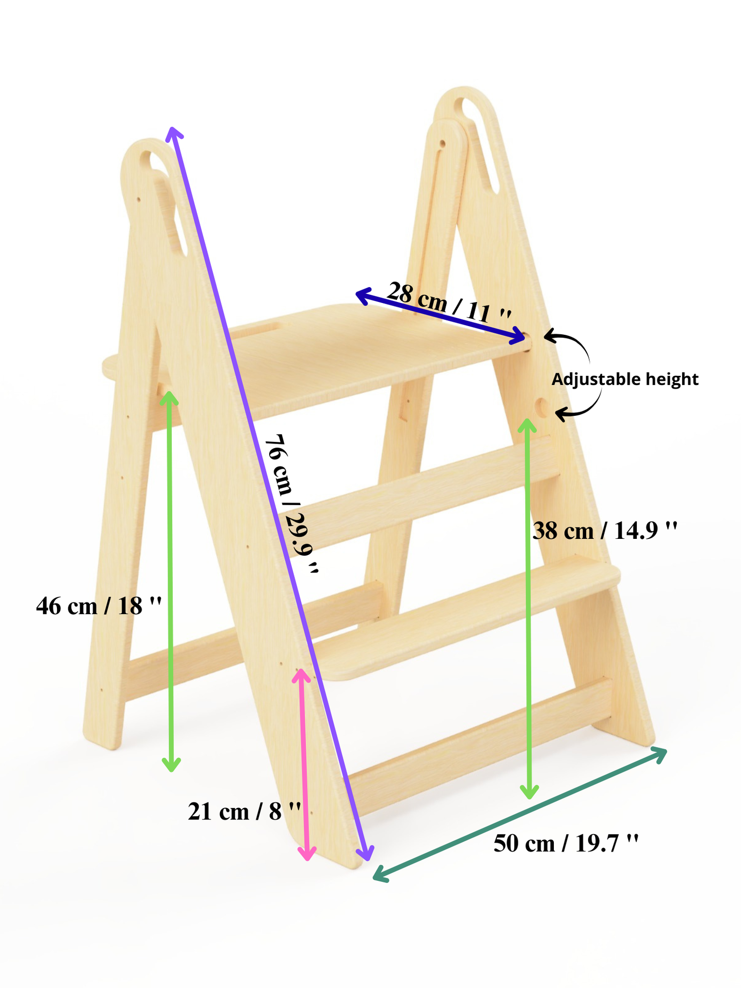 Wooden Step Stool – Adjustable Birch Stool for Kids & Adults