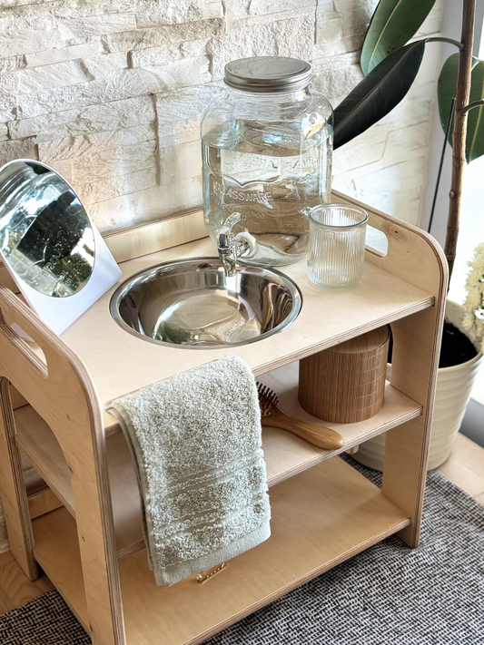 Montessori Wash Station with Lid – Wooden Toddler Self-Care Unit