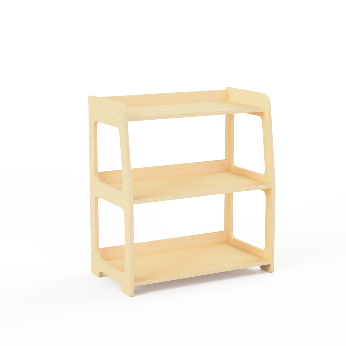 Montessori three-tier birch plywood toy shelf in natural wood, shown on a white background.