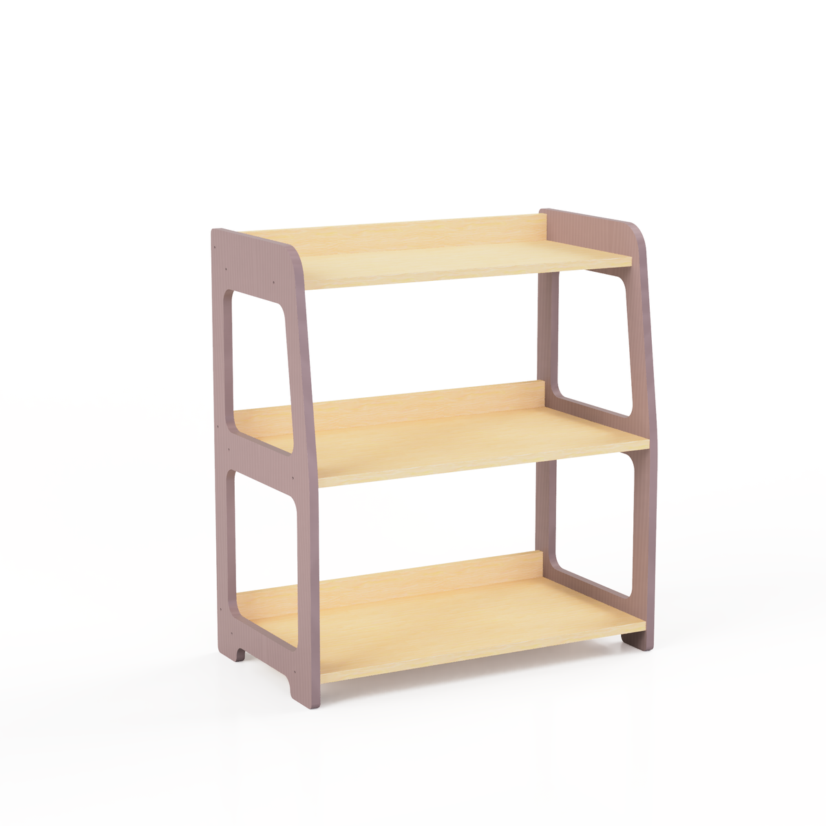 Montessori three-tier birch plywood toy shelf with natural wood shelves and beige brown side panels, shown on a white background.