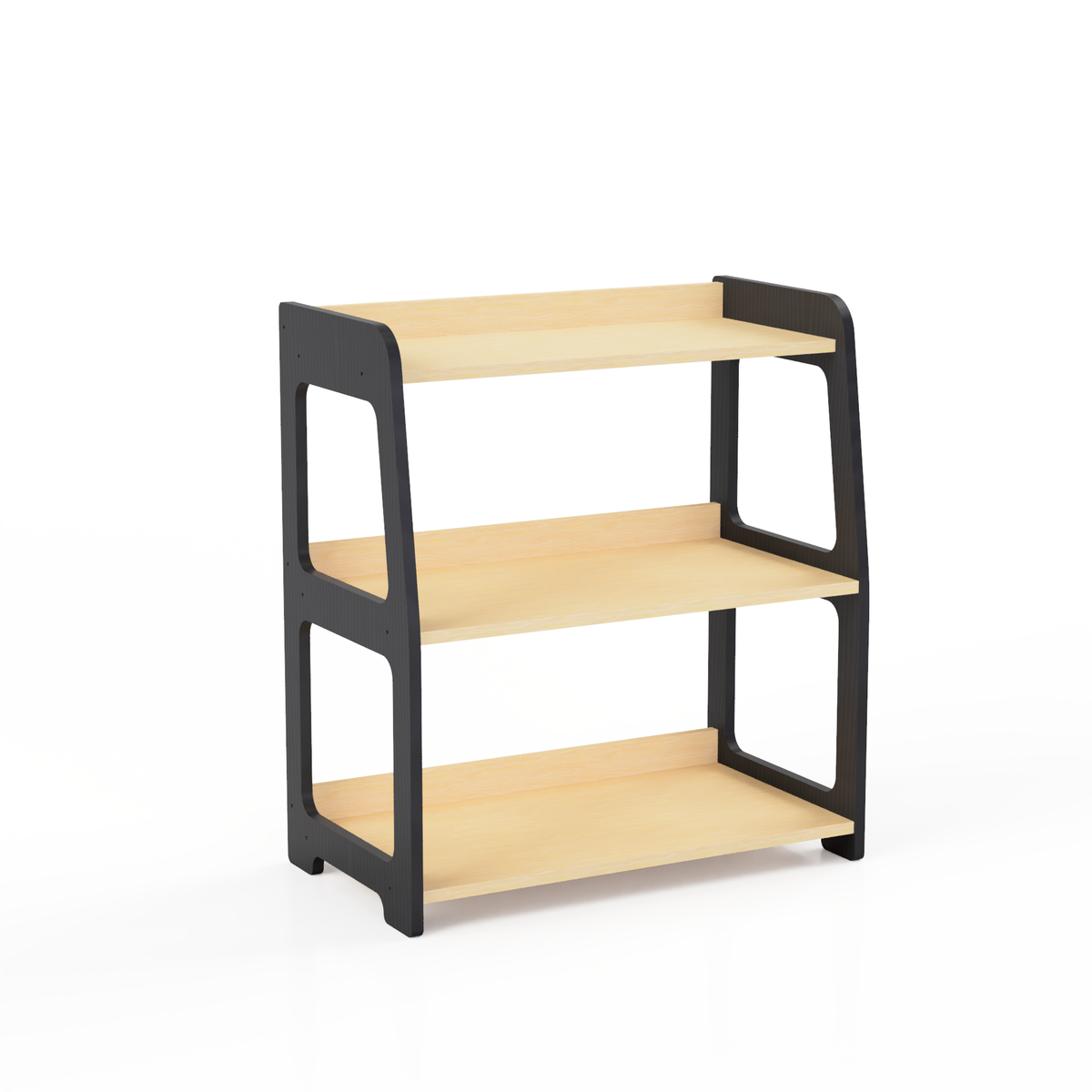 Montessori three-tier birch plywood toy shelf with natural wood shelves and jet black side panels, shown on a white background.