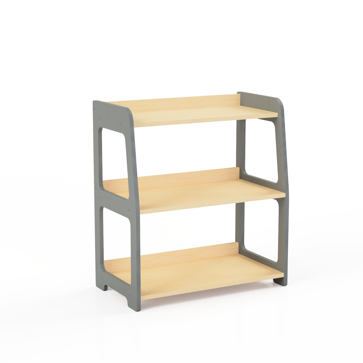 Montessori three-tier birch plywood toy shelf with natural wood shelves and gray side panels, shown on a white background.
