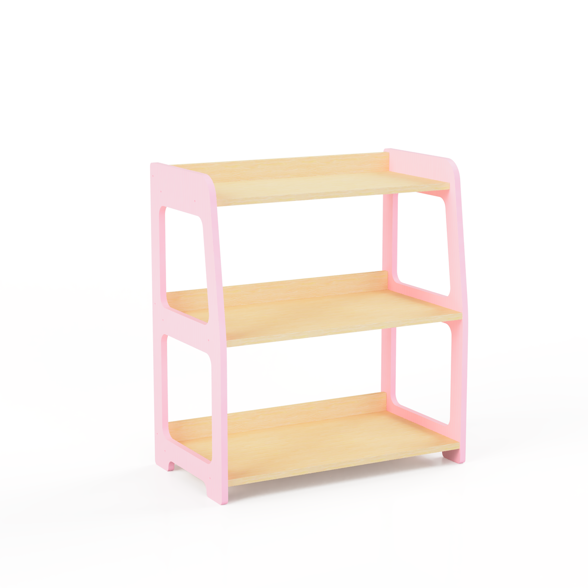 Montessori three-tier birch plywood toy shelf with natural wood shelves and pastel pink side panels, shown on a white background.
