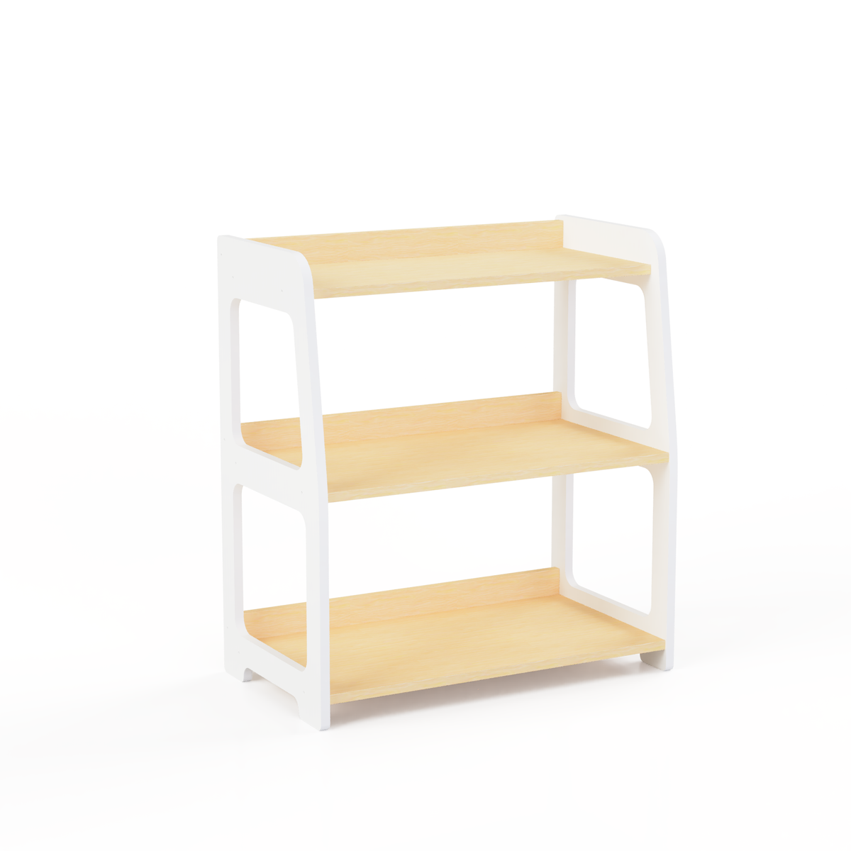 Montessori three-tier birch plywood toy shelf with natural wood shelves and white side panels, shown on a white background.