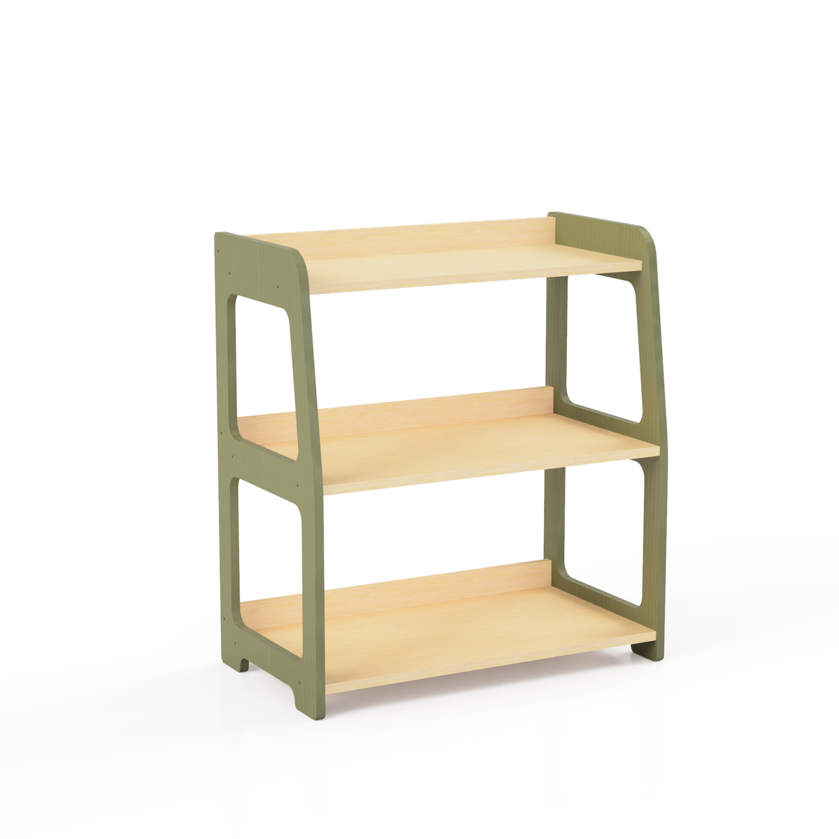 Montessori three-tier birch plywood toy shelf with natural wood shelves and olive green side panels, shown on a white background.