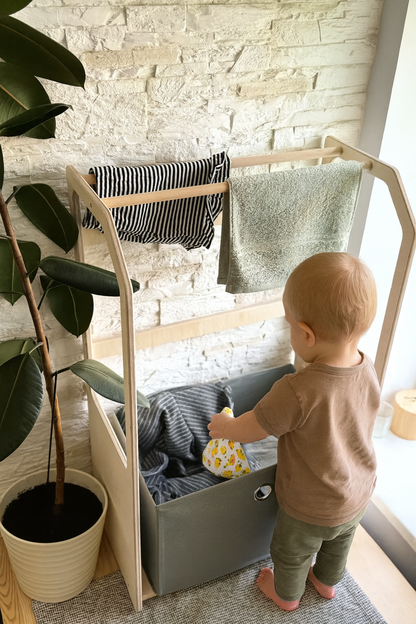 Montessori Clothes Drying Rack for Kids – Wooden Laundry Rack with Storage