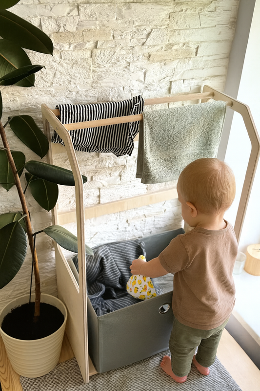 Montessori Clothes Drying Rack for Kids – Wooden Laundry Rack with Storage