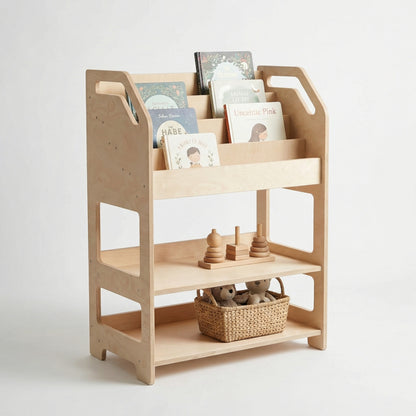 Montessori Wooden Bookshelf with Storage Shelf – Kids Book Display Rack